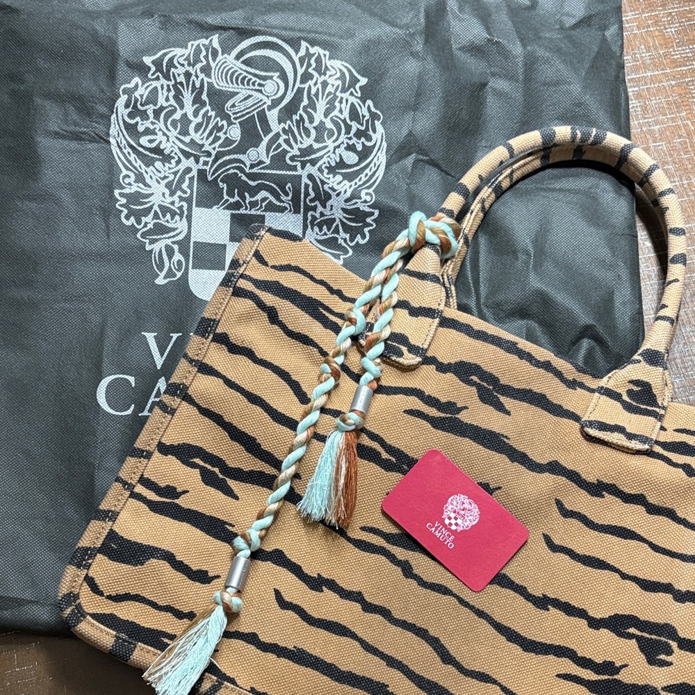 Vince Camuto Tan and Black Tiger-Stripe Tote with Blue-Tan Braided Tassel